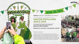 GAZELA | EVENTO E EXPERIÊNCIA DE MARCA
SANTOS POPULARES
2018 E 2019
Um evento que juntou para sempre a
gazela aos santos populares
PRODUÇÃO | ATIVAÇÃO | DECORAÇÃO | GESTÃO
O Arraial da Vila Berta conta há mais de três anos com a marca
Gazela, da Sogrape, como patrocinador principal. Os santos populares
são uma altura do ano em que temos que comer, beber, dançar e
celebrar e foi mesmo isso que quisemos passar com um conceito leve,
divertido e, acima de tudo, muito Gazela. Juntámos-nos à LIFT e todo
o conceito, criatividade, imagem e produção ﬁcaram a nosso cargo.
RESUMO DO PROJETO
 