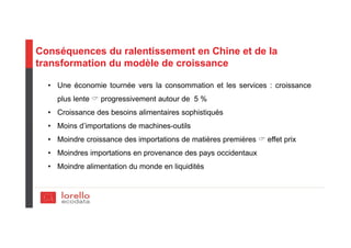 Conséquences du ralentissement en Chine et de la
transformation du modèle de croissance
• Une économie tournée vers la consommation et les services : croissance
plus lente progressivement autour de 5 %
• Croissance des besoins alimentaires sophistiqués
• Moins d’importations de machines-outils
• Moindre croissance des importations de matières premières effet prix
• Moindres importations en provenance des pays occidentaux
• Moindre alimentation du monde en liquidités
 
