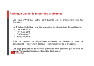 Amérique Latine, le retour des problèmes
Les pays d’Amérique Latine sont touchés par le changement des flux
financiers
Le Brésil en chute libre : une des récessions les plus sévères de son histoire :
• -3,8 % en 2015
• -3,4 % en 2016
• 0,5 % en 2017
• 1,8 % en 2018
Fuite de capitaux → dépréciation monétaire → inflation → perte de
compétitivité → relèvement des taux → ralentissement de la croissance
Les pays producteurs de matières premières sont pénalisés par le cycle en
cours : Venezuela (récession), Colombie, Chili (cuivre)
 