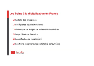 Les freins à la digitalisation en France
La taille des entreprises
Les rigidités organisationnelles
Le manque de marges de manœuvre financières
Le problème de formation
Les difficultés de recrutement
Les freins réglementaires ou la faible concurrence
 