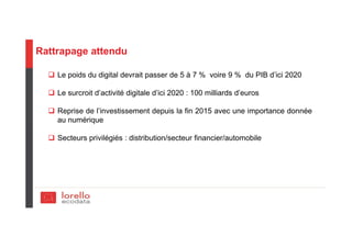 Rattrapage attendu
Le poids du digital devrait passer de 5 à 7 % voire 9 % du PIB d’ici 2020
Le surcroit d’activité digitale d’ici 2020 : 100 milliards d’euros
Reprise de l’investissement depuis la fin 2015 avec une importance donnée
au numérique
Secteurs privilégiés : distribution/secteur financier/automobile
 