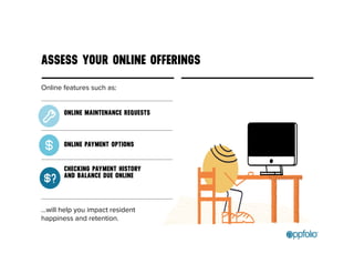 ASSESS YOUR ONLINE OFFERINGS 
Online features such as: 
ONLINE MAINTENANCE REQUESTS 
ONLINE PAYMENT OPTIONS 
CHECKING PAYMENT HISTORY 
AND BALANCE DUE ONLINE 
...will help you impact resident 
happiness and retention. 
 