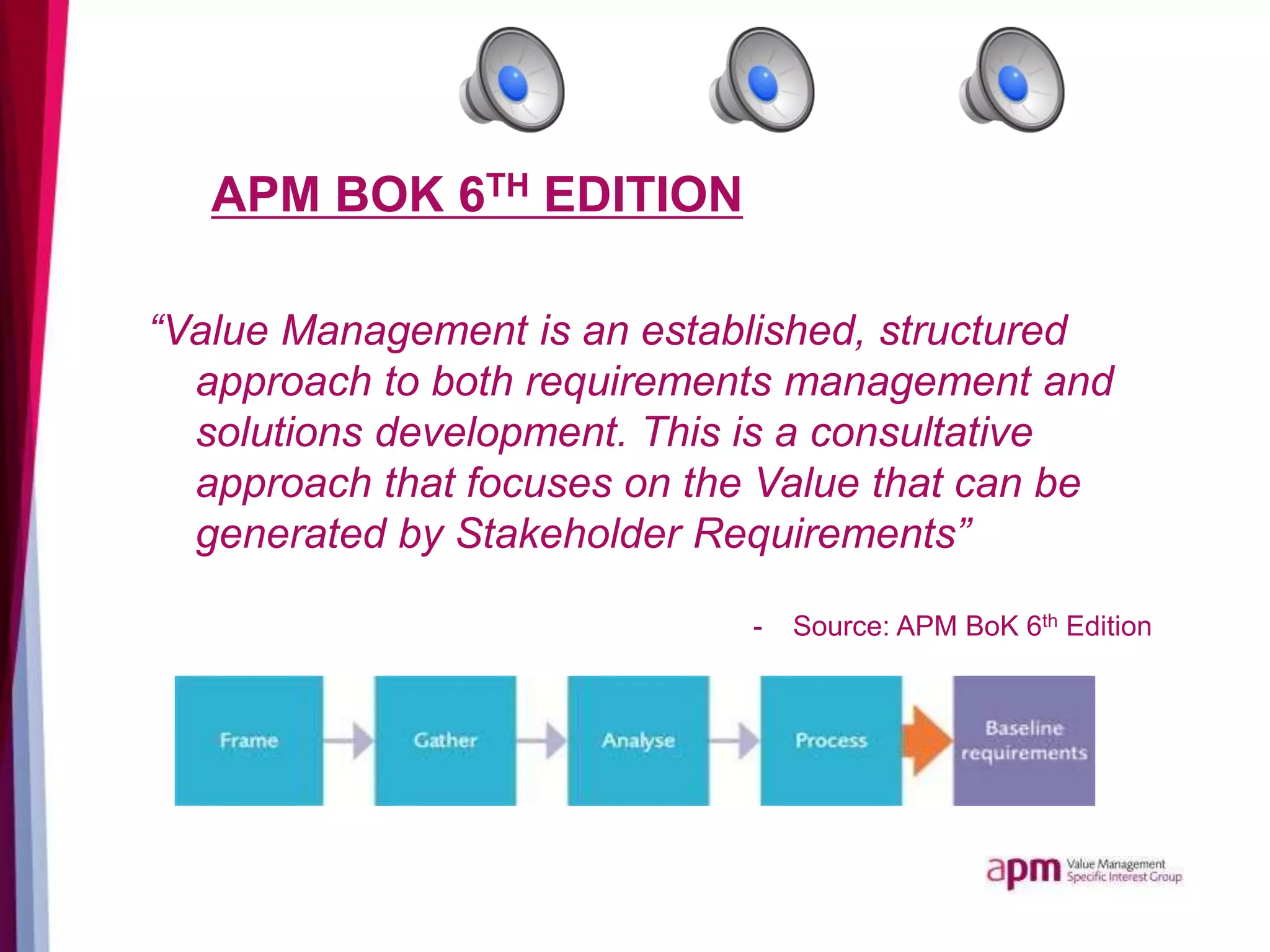 APM BOK 6TH EDITION
“Value Management is an established, structured
approach to both requirements management and
solutions development. This is a consultative
approach that focuses on the Value that can be
generated by Stakeholder Requirements”
- Source: APM BoK 6th Edition
 