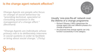 Is the change agent network effective?
Change Agents are people who focus
on change of social behaviour by
“providing tech...