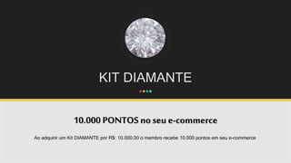 KIT DIAMANTE
10.000 PONTOS no seu e-commerce
Ao adquirir um Kit DIAMANTE por R$: 10.000,00 o membro recebe 10.000 pontos em seu e-commerce.
 