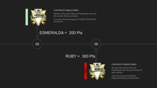 05
ESMERALDA = 200 Pts
CONTRATO PUBLICITARIO
Receba 200 pontos Reici de Publicidade todo dia
útil durante 60 dias corridos.
Com teto mensal de ganhos PUBLICITARIOS de
30.000 Pts
.
CONTRATO PUBLICITARIO
Receba 300 pontos Reici de
Publicidade todo dia útil durante 60
dias corridos.
Com teto mensal de ganhos
PUBLICITARIOS de 30.000 Pts
06
RUBY = 300 Pts
 