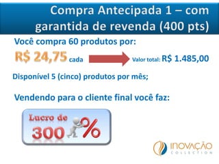 Você compra 60 produtos por:
cada
Vendendo para o cliente final você faz:
Valor total: R$ 1.485,00
Disponível 5 (cinco) produtos por mês;
 
