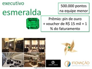 500.000 pontos
na equipe menor
Prêmio: pin de ouro
+ voucher de R$ 15 mil + 1
% do faturamento
Imagens ilustrativas
 
