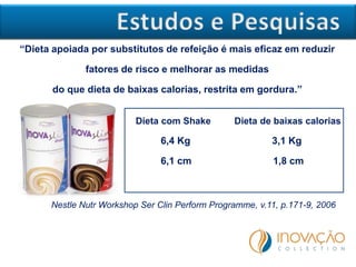 “Dieta apoiada por substitutos de refeição é mais eficaz em reduzir
fatores de risco e melhorar as medidas
do que dieta de baixas calorias, restrita em gordura.”
Dieta com Shake Dieta de baixas calorias
6,4 Kg 3,1 Kg
6,1 cm 1,8 cm
Nestle Nutr Workshop Ser Clin Perform Programme, v.11, p.171-9, 2006
 