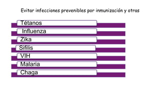 Tétanos
Influenza
Zika
Sifilis
VIH
Malaria
Chaga
Evitar infecciones prevenibles por inmunización y otras
 