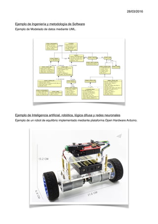 28/03/2016
Ejemplo de Ingeniería y metodología de Software
Ejemplo de Modelado de datos mediante UML.
Ejemplo de Inteligencia artificial, robótica, lógica difusa y redes neuronales
Ejemplo de un robot de equilibrio implementado mediante plataforma Open Hardware Arduino.