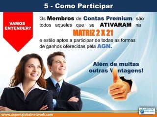 Os Membros de Contas Premium são
todos aqueles que se ATIVARAM na
MATRIZ 2 X 21
e estão aptos a participar de todas as formas
de ganhos oferecidas pela AGN.
www.argentglobalnetwork.com
Além de muitas
outras Vantagens!
VAMOS
ENTENDER?
5 - Como Participar
 