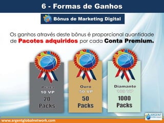 6 - Formas de Ganhos
4 Bônus de Marketing Digital

Os ganhos através deste bônus é proporcional quantidade
de Pacotes adquiridos por cada Conta Premium.

www.argentglobalnetwork.com

 