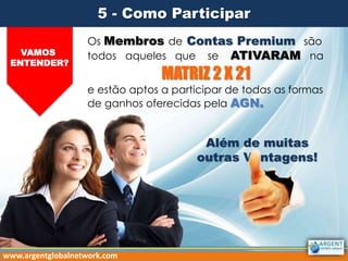 Os Membros de Contas Premium são
todos aqueles que se ATIVARAM na
MATRIZ 2 X 21
e estão aptos a participar de todas as formas
de ganhos oferecidas pela AGN.
www.argentglobalnetwork.com
Além de muitas
outras Vantagens!
VAMOS
ENTENDER?
5 - Como Participar
 