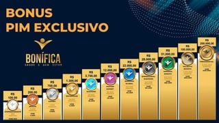 R$
100,00
R$
200,00
R$
700,00
R$
1.300,00
R$
3.750,00
R$
12.000,00
R$
22.000,00
R$
28.000,00
R$
51,000,00
R$
100.000,00
R$
200.000,00
BONUS
PIM EXCLUSIVO
 