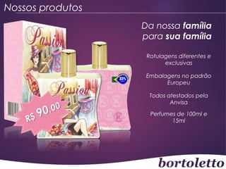 Nossos produtos
Da nossa família
para sua família
Rotulagens diferentes e
exclusivas
Embalagens no padrão
Europeu
Todos atestados pela
Anvisa
Perfumes de 100ml e
15ml

 