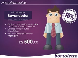 Microfranquias
microfranquia

Revendedor
• Estojo com 31 perfumes de 15ml
 31 perf. X R$30,00 = R$930,00

• Catálogo de produtos
• Fita olfativa
• Loja virtual equipada com
PagSeguro

R$ 500,00

 