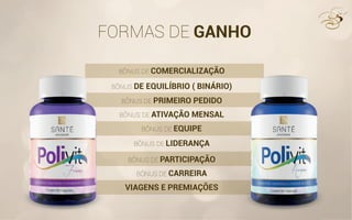 FORMAS DE GANHO
BÔNUS DE COMERCIALIZAÇÃO
BÔNUS DE EQUILÍBRIO ( BINÁRIO)
BÔNUS DE PRIMEIRO PEDIDO
BÔNUS DE PARTICIPAÇÃO
BÔNUS DE ATIVAÇÃO MENSAL
BÔNUS DE CARREIRA
BÔNUS DE EQUIPE
VIAGENS E PREMIAÇÕES
BÔNUS DE LIDERANÇA
 