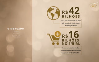 42R$
B I L H Õ E S
Foi o valor movimentado em 2013
pelo mercado de Venda Direta e
Marketing Multinível.
16R$
BILHÕES
O e-commerce brasileiro fechou o
primeiro bimestre de 2014 com um
faturamento de R$ 16,06 bilhões.
NO 1ºBIM.
O M E R C A D O
N O S S A
Á R E A D E
AT U A Ç Ã O
 