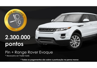 2.300.000
pontos
Pin + Range Rover Evoque
* Necessário ser Trader Gold.
* Todos os pagamentos são sobre a pontuação na perna menor.
 