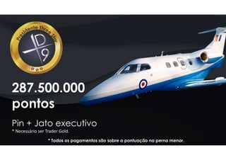 287.500.000
pontos
Pin + Jato executivo
* Necessário ser Trader Gold.
* Todos os pagamentos são sobre a pontuação na perna menor.
 