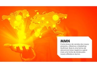 MMN
Como braço de vendas dos nossos
produtos, utilizamos o Marketing
Multinível. Que é uma forma de
alavancar nosso negócio e gerar
mais uma fonte de renda para
nossos afiliados e alunos.
 
