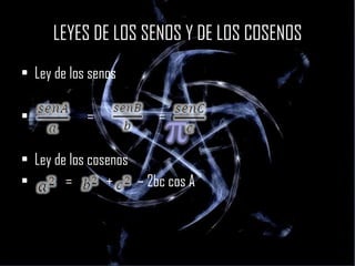 LEYES DE LOS SENOS Y DE LOS COSENOS Ley de los senos =  =  Ley de los cosenos =  +  – 2bc cos A  