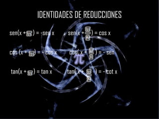 IDENTIDADES DE REDUCCIONES sen(x +  ) = -sen x  sen(x +  ) = cos x cos (x +  ) = - cos x  cos( x +  ) = - sen tan(x +  ) = tan x  tan( x +  ) = - cot x  