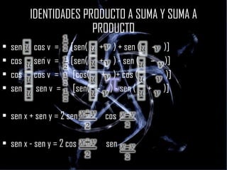 IDENTIDADES PRODUCTO A SUMA Y SUMA A PRODUCTO sen  cos v  =  [sen(  +  ) + sen (  –  )] cos  sen v  =  [sen(  +  ) - sen (  –  )] cos  cos v  =  [cos(  +  )+ cos (  –  )] sen  sen v  =  [sen(  -  ) - sen (  +  )] sen x + sen y = 2 sen  cos  sen x - sen y = 2 cos  sen   