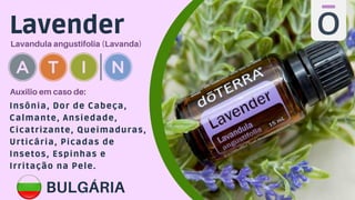 Lavender
Lavandula angustifolia (Lavanda)
Insônia, Dor de Cabeça,
Calmante, Ansiedade,
Cicatrizante, Queimaduras,
Urticária, Picadas de
Insetos, Espinhas e
Irritação na Pele.
Auxilio em caso de:
BULGÁRIA
 