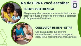 Na dōTERRA você escolhe:
São para aqueles que querem
compartilhar ou construir um negócio
dōTERRA e receber bônus mensalmente.
São para aqueles que querem somente desfrutar de
nossos produtos a um preço preferencial e participar
do Programa de Fidelidade.
ō
 