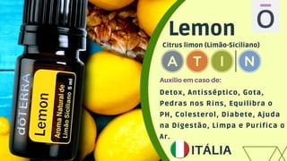 Detox, Antisséptico, Gota,
Pedras nos Rins, Equilibra o
PH, Colesterol, Diabete, Ajuda
na Digestão, Limpa e Purifica o
Ar.
Lemon
Citrus limon (Limão-Siciliano)
ITÁLIA
Auxilio em caso de:
 