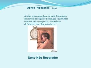 Ambas se acompanham de uma diminuição
dos níveis de oxigênio no sangue e culminam
com um micro despertar cerebral que
definimos como despertar breve.
Sono Não Reparador
Apnea -Hipoapnea (10s)
 