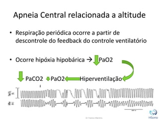 Apneia Central relacionada a altitude
• Respiração periódica ocorre a partir de
descontrole do feedback do controle ventilatório
• Ocorre hipóxia hipobárica  PaO2
PaCO2 PaO2 Hiperventilação
 
