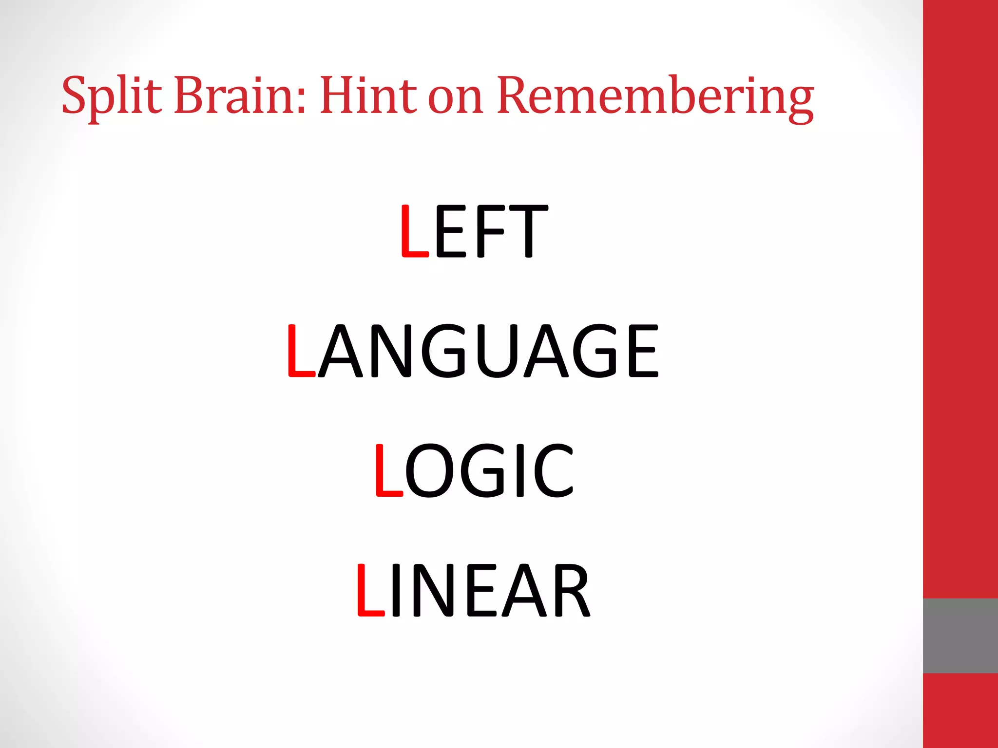 Split Brain: Hint on Remembering
LEFT
LANGUAGE
LOGIC
LINEAR
 