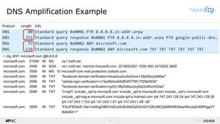 16 v1.0
16
DNS Amplification Example
> dig ANY microsoft.com @8.8.8.8
microsoft.com. 21599 IN NS ns1.msft.net.
microsoft.com. 3599 IN SOA ns1.msft.net. msnhst.microsoft.com. 2018052001 7200 600 2419200 3600
microsoft.com. 3599 IN MX 10 microsoft-com.mail.protection.outlook.com.
microsoft.com. 3599 IN TXT "facebook-domain-verification=bcas5uzlvu0s3mrw139a00os3o66wr"
microsoft.com. 3599 IN TXT "adobe-sign-verification=c1fea9b4cdd4df0d5778517f29e0934"
microsoft.com. 3599 IN TXT "facebook-domain-verification=gx5s19fp3o8aczby6a22clfhzm03as"
microsoft.com. 3599 IN TXT "v=spf1 include:_spf-a.microsoft.com include:_spf-b.microsoft.com include:_spf-c.microsoft.com
include:_spf-ssg-a.microsoft.com include:spf-a.hotmail.com ip4:147.243.128.24 ip4:147.243.128.26
ip4:147.243.1.153 ip4:147.243.1.47 ip4:147.243.1.48 -all"
microsoft.com. 3599 IN TXT "FbUF6DbkE+Aw1/wi9xgDi8KVrIIZus5v8L6tbIQZkGrQ/rVQKJi8CjQbBtWtE64ey4NJJwj5J65PIggVY
NabdQ=="
 