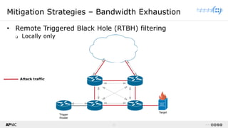 21 v1.0
21
Mitigation Strategies – Bandwidth Exhaustion
• Remote Triggered Black Hole (RTBH) filtering
❑ Locally only
Attack traffic
 