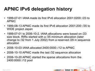 APNIC IPv6 delegation history
• 1999-07-01 IANA made its first IPv6 allocation 2001:0200::/23 to
APNIC
• 1999-08-13 APNIC ...