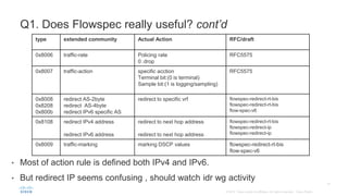 • Most of action rule is defined both IPv4 and IPv6.
• But redirect IP seems confusing , should watch idr wg activity
Q1. Does Flowspec really useful? cont’d
type extended community Actual Action RFC/draft
0x8006 traffic-rate Policing rate
0：drop
RFC5575
0x8007 traffic-action specific acction
Terminal bit:(0 is terminal)
Sample bit:(1 is logging/sampling)
RFC5575
0x8008
0x8208
0x800b
redirect AS-2byte
redirect AS-4byte
redirect IPv6 specific AS
redirect to specific vrf flowspec-redirect-rt-bis
flowspec-redirect-rt-bis
flow-spec-v6
0x8108 redirect IPv4 address
redirect IPv6 address
redirect to next hop address
redirect to next hop address
flowspec-redirect-rt-bis
flowspec-redirect-ip
flowspec-redirect-ip
0x8009 traffic-marking marking DSCP values flowspec-redirect-rt-bis
flow-spec-v6
 