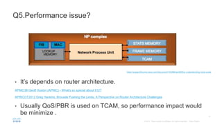 • It’s depends on router architecture.
APNIC38 Geoff Huston (APNIC) - What's so special about 512?
APRICOT2012 Greg Hankins, Brocade Pushing the Limits, A Perspective on Router Architecture Challenges
• Usually QoS/PBR is used on TCAM, so performance impact would
be minimize .
Q5.Performance issue?
https://supportforums.cisco.com/document/105496/asr9000xr-understanding-route-scale
 