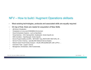 Cisco Confidential 19© 2013-2014 Cisco and/or its affiliates. All rights reserved.
•  Most existing technologies, protocols and associated skills are equally required
•  On top of that, there are needs for acquisition of New Skills
•  x86 Server Virtualization
•  Virtualization on Linux (and KVM/QEMU) Environment
•  Cloud Orchestration Systems – such as OpenStack
•  Virtual Switches – OVS, Netmap/VALE, Snabbswitch, Vendor Specific etc
•  SDN Controllers – OpenDayLight, Vendor Specific
•  Device Programmability and APIs – NETCONF, Yang, RESTCONF, REST APIs, OF….
•  Service Function Chaining – specially NSH (Network Service Header)
•  Network based Virtual Overlay transport – VXLAN, MPLSoGRE/UDP, LISP, L2TPv3…..
•  Automation Tools – puppet / chef etc.
•  Management, Orchestration, OSS Fundamentals,
•  …..
NFV – How to build / Augment Operations skillsets
 