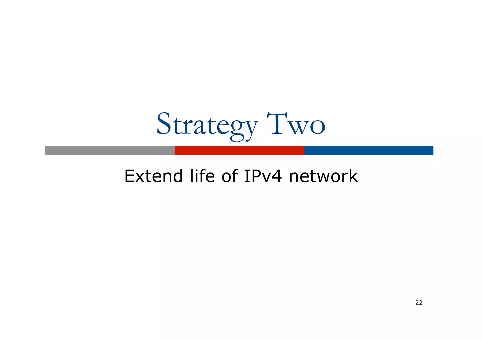Strategy Two
Extend life of IPv4 network
22
 