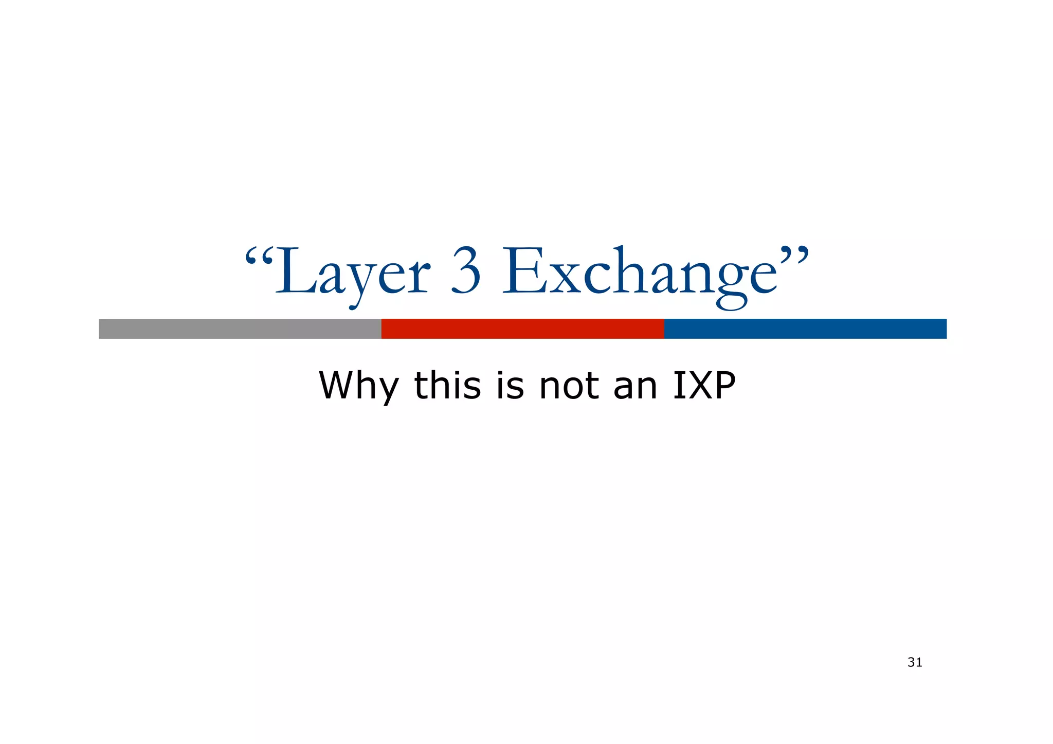 “Layer 3 Exchange”
Why this is not an IXP
31
 