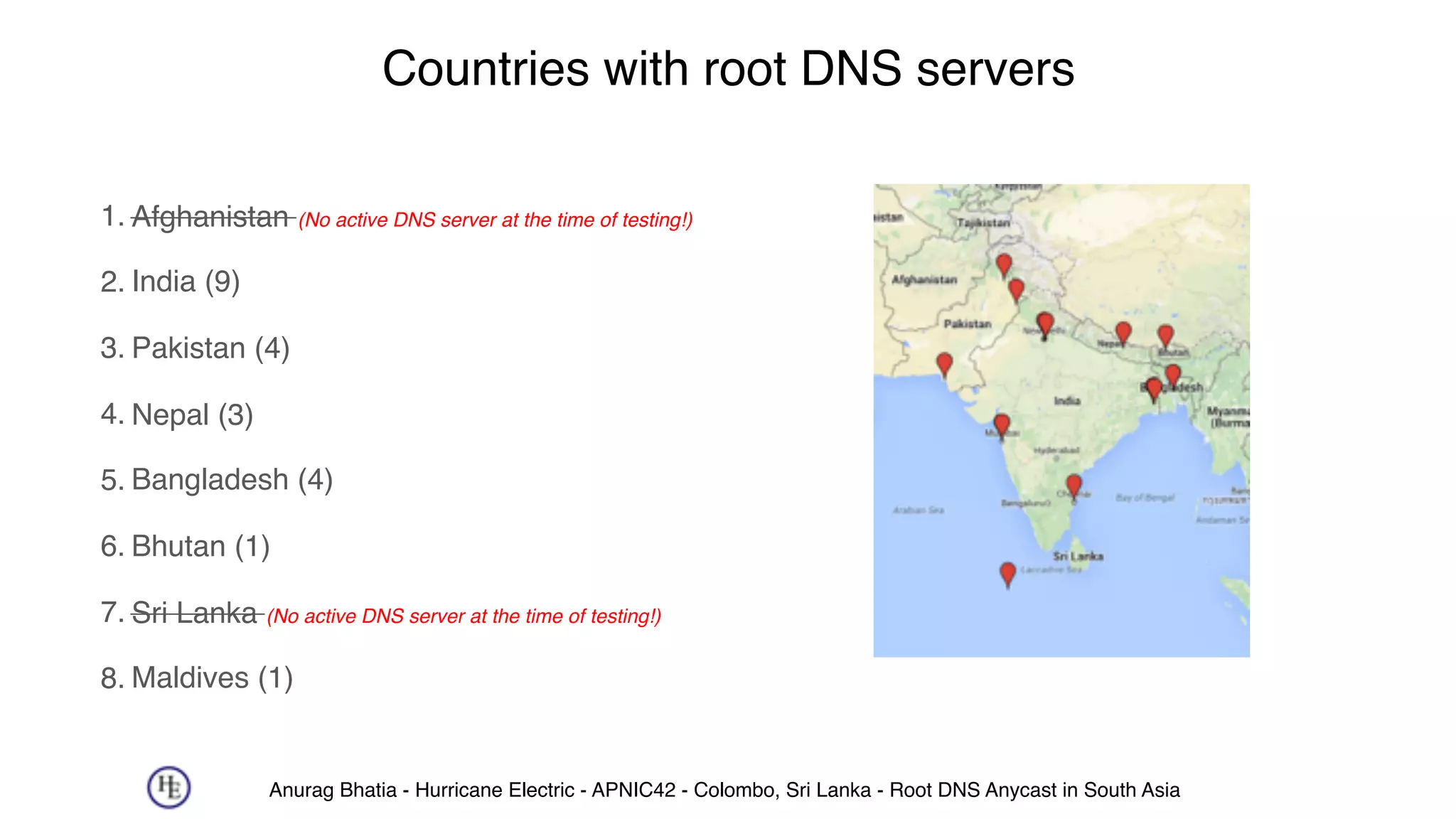 Anurag Bhatia - Hurricane Electric - APNIC42 - Colombo, Sri Lanka - Root DNS Anycast in South Asia
Countries with root DNS servers
1. Afghanistan (No active DNS server at the time of testing!)
2. India (9)
3. Pakistan (4)
4. Nepal (3)
5. Bangladesh (4)
6. Bhutan (1)
7. Sri Lanka (No active DNS server at the time of testing!)
8. Maldives (1)
 
