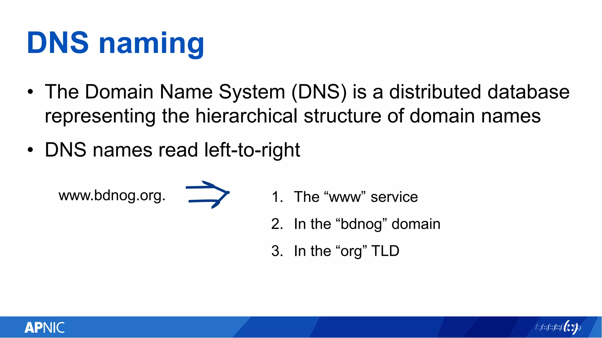 DNS naming
• The Domain Name System (DNS) is a distributed database
representing the hierarchical structure of domain names
• DNS names read left-to-right
1. The “www” service
2. In the “bdnog” domain
3. In the “org” TLD
www.bdnog.org.
 