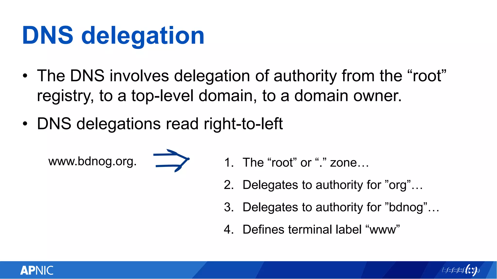 DNS delegation
• The DNS involves delegation of authority from the “root”
registry, to a top-level domain, to a domain owner.
• DNS delegations read right-to-left
1. The “root” or “.” zone…
2. Delegates to authority for ”org”…
3. Delegates to authority for ”bdnog”…
4. Defines terminal label “www”
www.bdnog.org.
 