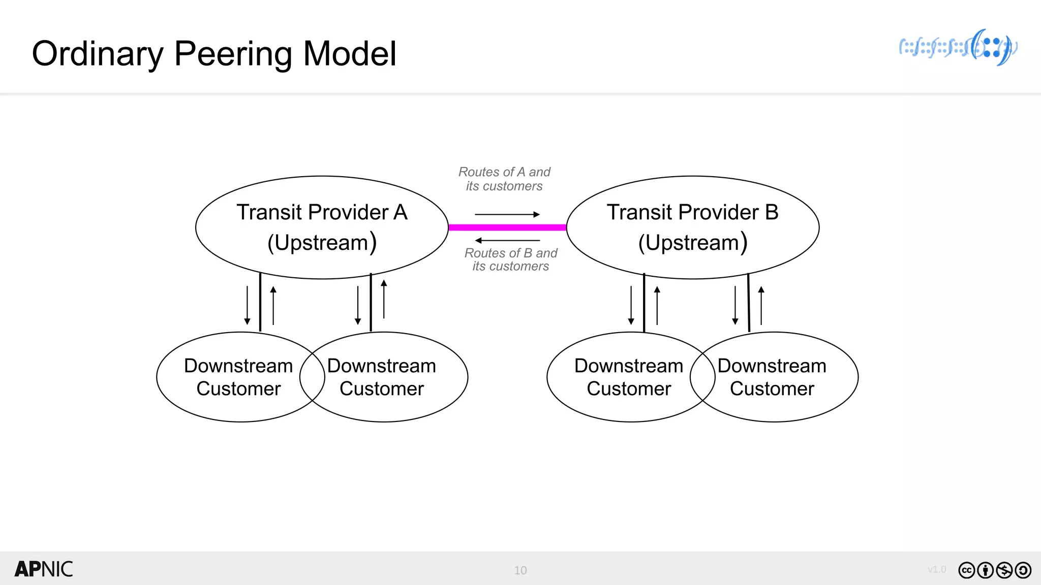 10 v1.0
10
Transit Provider A
(Upstream)
Transit Provider B
(Upstream)
Downstream
Customer
Downstream
Customer
Downstream
Customer
Downstream
Customer
Routes of A and
its customers
Routes of B and
its customers
Ordinary Peering Model
 