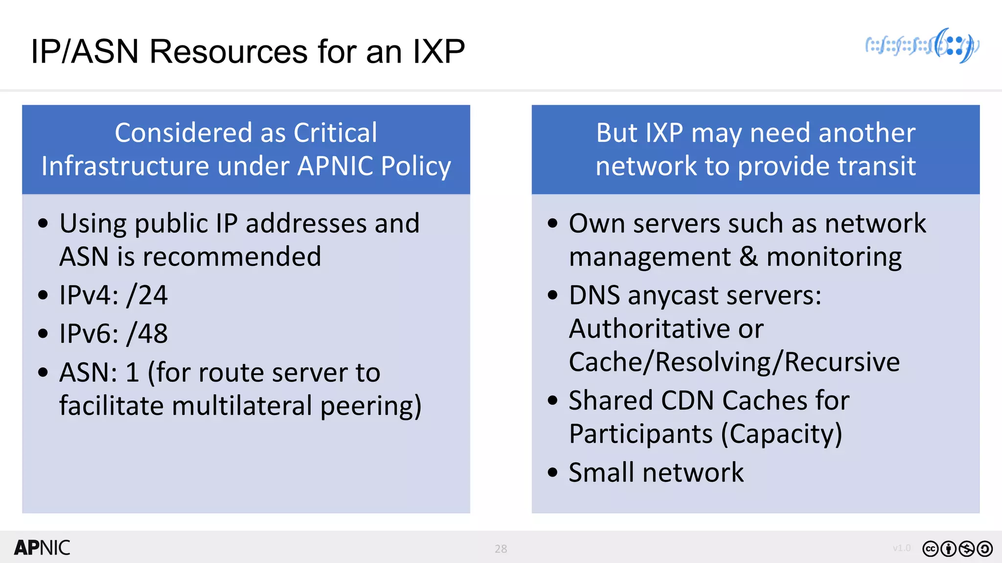 28 v1.0
28
IP/ASN Resources for an IXP
Considered as Critical
Infrastructure under APNIC Policy
• Using public IP addresses and
ASN is recommended
• IPv4: /24
• IPv6: /48
• ASN: 1 (for route server to
facilitate multilateral peering)
But IXP may need another
network to provide transit
• Own servers such as network
management & monitoring
• DNS anycast servers:
Authoritative or
Cache/Resolving/Recursive
• Shared CDN Caches for
Participants (Capacity)
• Small network
 