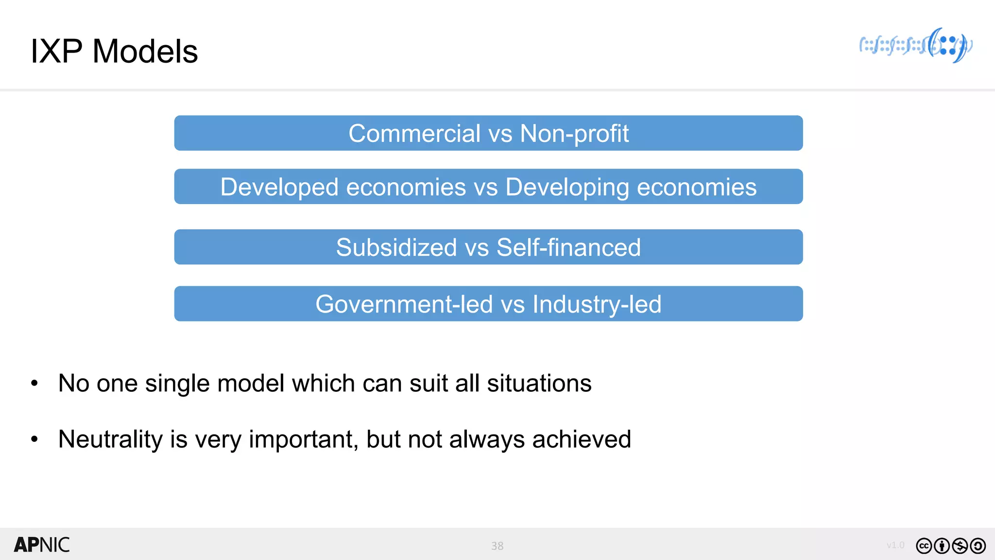 38 v1.0
38
Government-led vs Industry-led
Subsidized vs Self-financed
Developed economies vs Developing economies
Commercial vs Non-profit
IXP Models
• No one single model which can suit all situations
• Neutrality is very important, but not always achieved
 