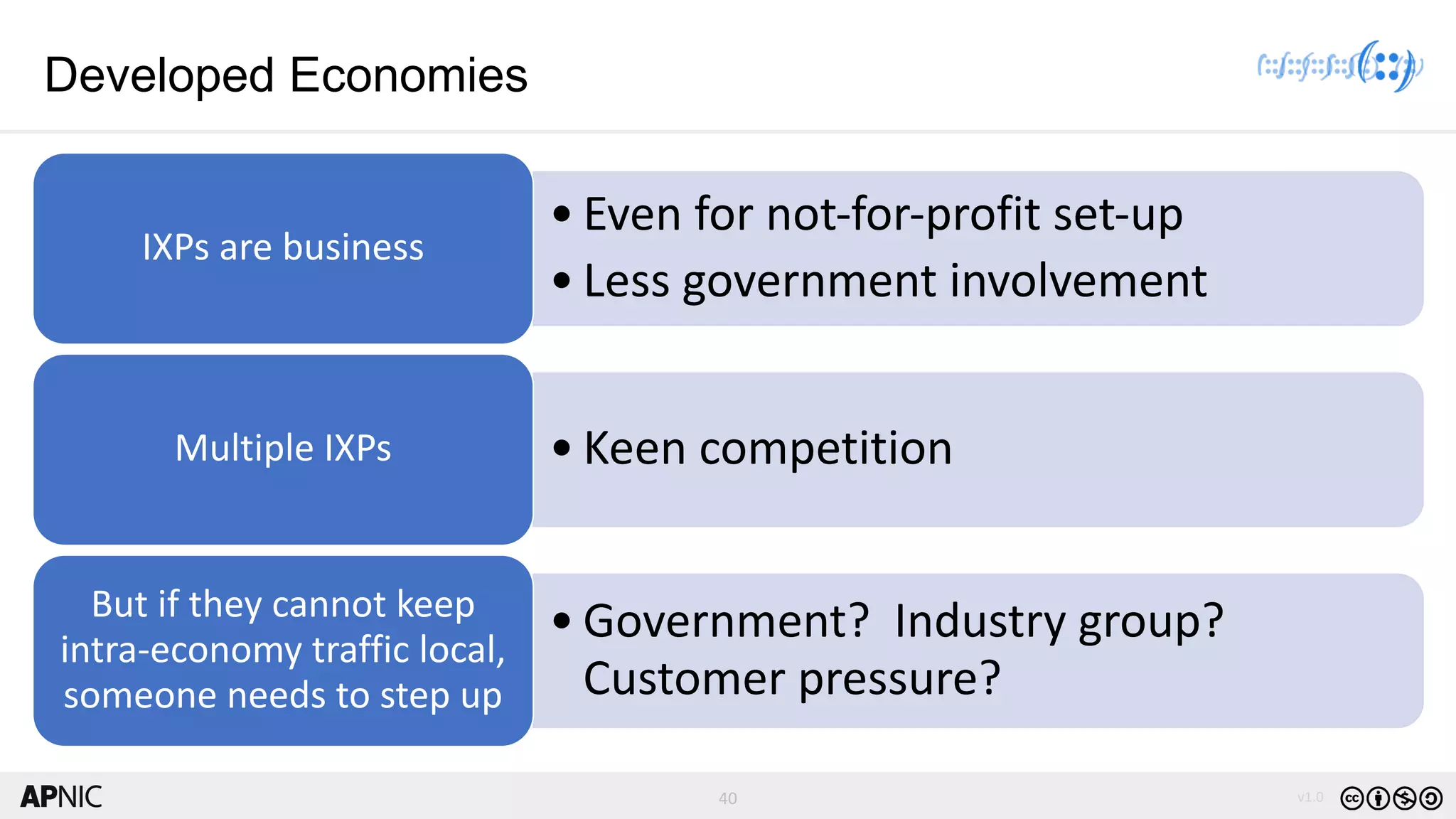 40 v1.0
40
Developed Economies
• Even for not-for-profit set-up
• Less government involvement
IXPs are business
• Keen competition
Multiple IXPs
• Government? Industry group?
Customer pressure?
But if they cannot keep
intra-economy traffic local,
someone needs to step up
 